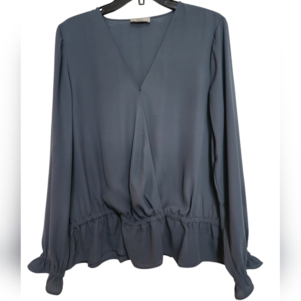 LOFT Outlet Women's Slate Blue V-Neck Long Sleeve Ruffle Waist Wrap Blouse SZ M